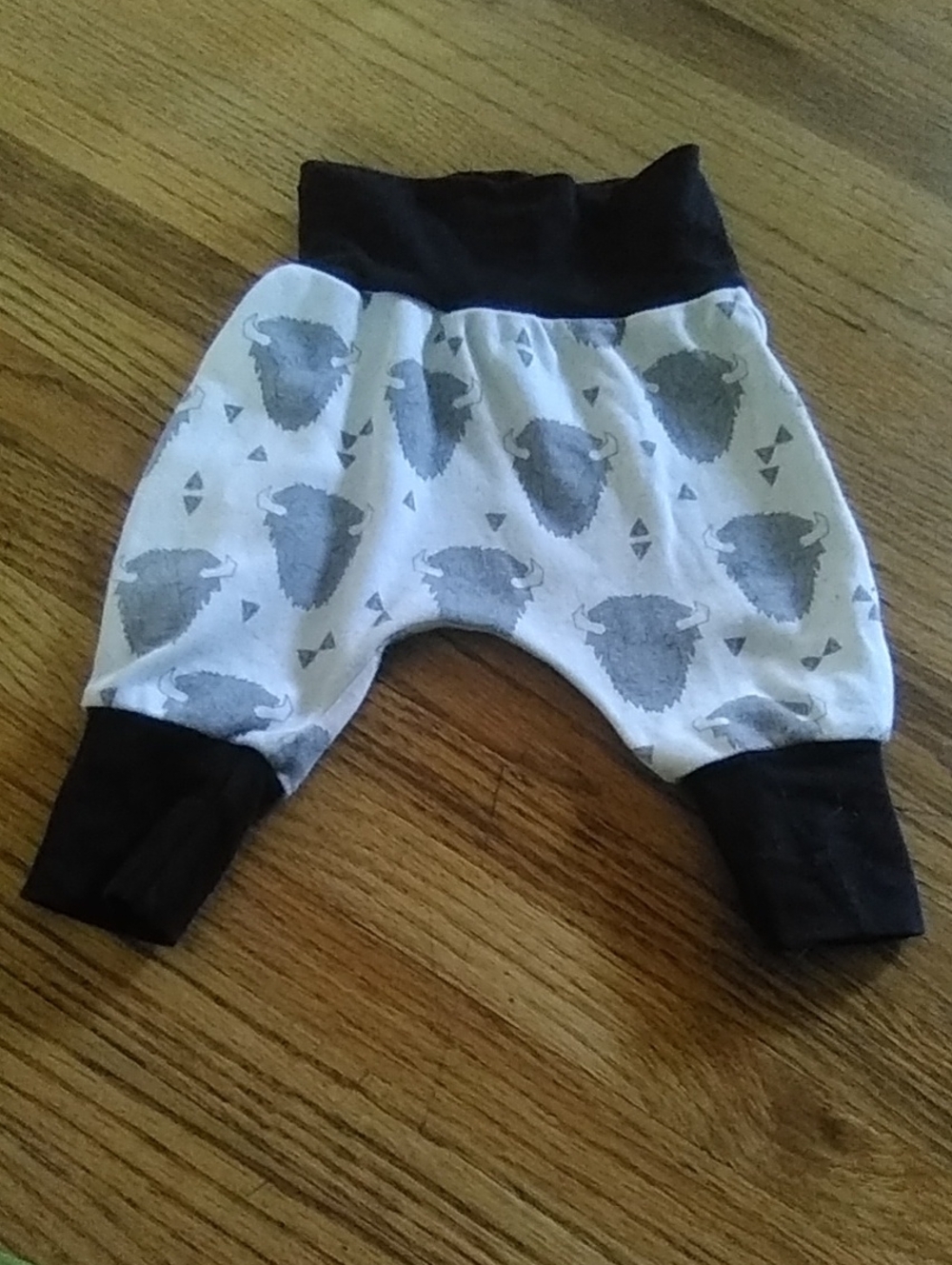 Baby Harem Pants with Gray Buffalo Print Black Trim 6 Months Grow With Me